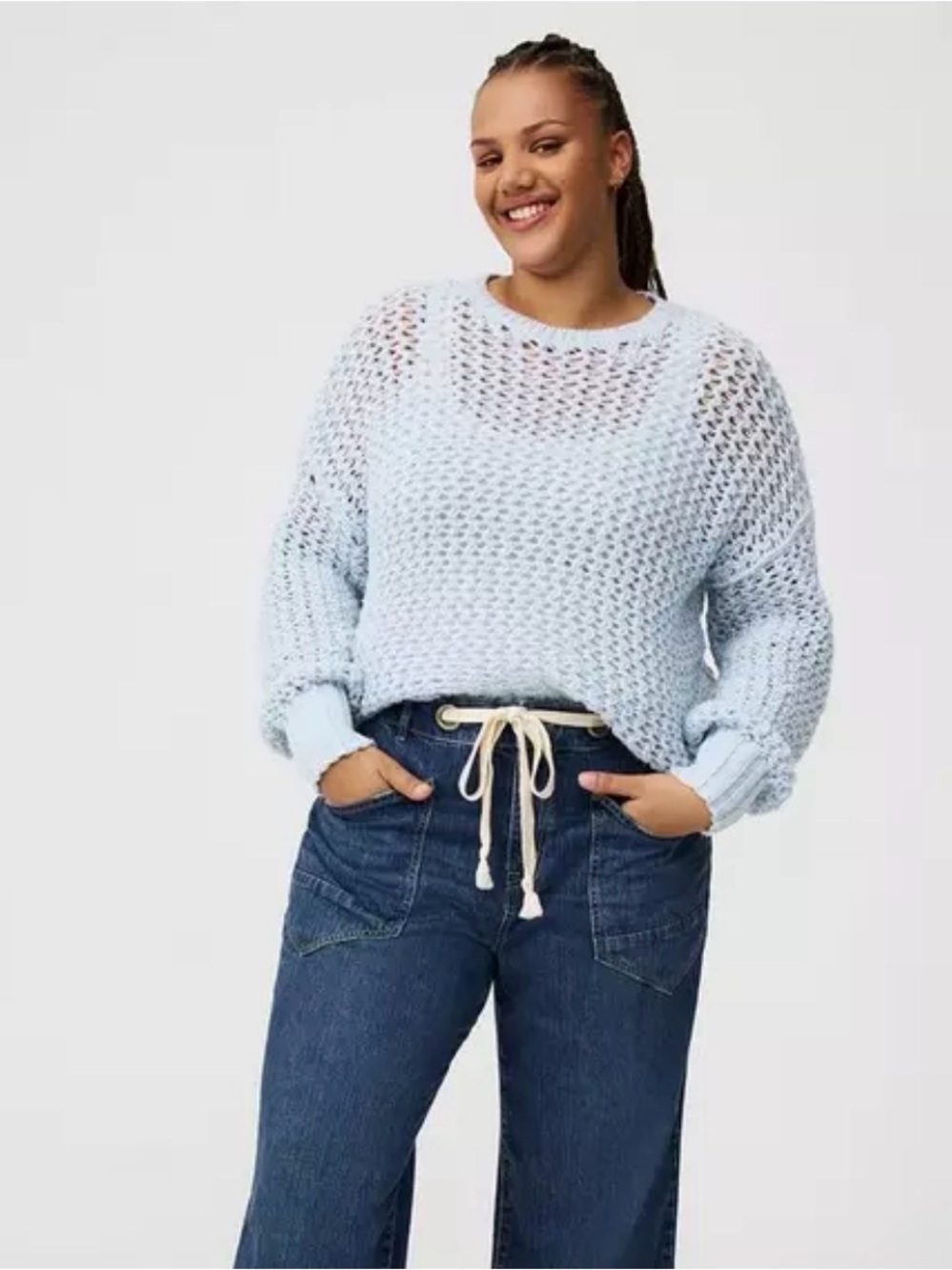 Light Blue Open-Knit Crewneck Sweater - Women